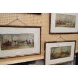 A set of three handcoloured prints of hunting scenes,