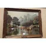 A Victorian chromolithograph of cattle in a river with castle beyond,