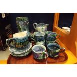 A Joyce Wigley drip glazed blue and green coffee set