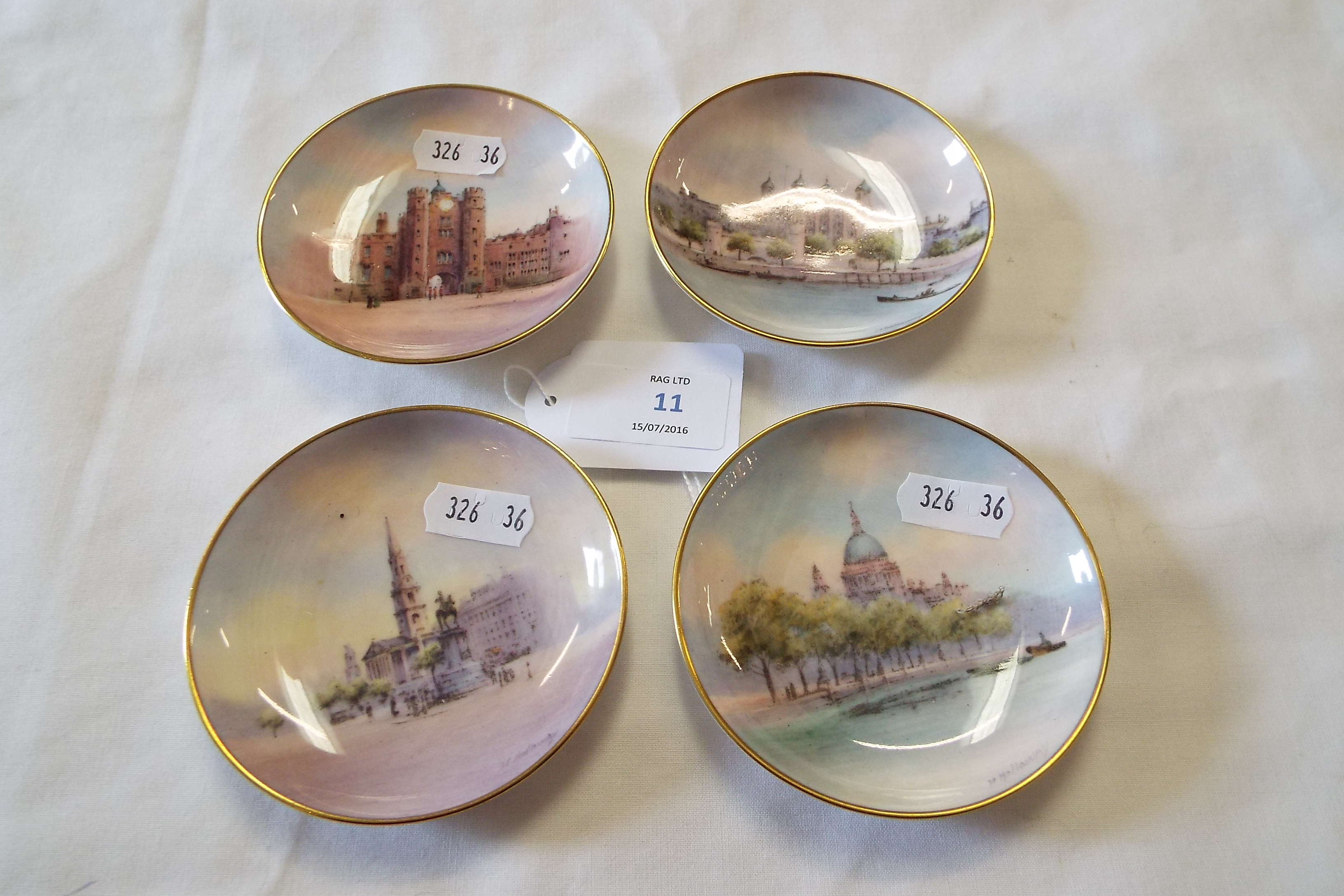 Four Royal Worcester pin dishes with views of London architecture by M.