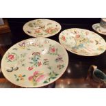 Three oriental celadon plates with bird,