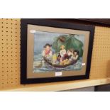 An early-mid 20thC watercolour illustration of young children in a boat at sea,