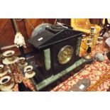 A Victorian slate and marble garniture clock set having brass dial with Arabic numerals,