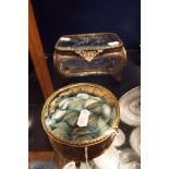 A large Victorian brass and glass jewellery box with etched leaf design,