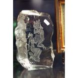 A Czechoslovakian art glass ornament with etched figural scene,