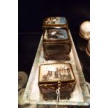 Three Victorian French glass and gilt metal jewellery boxes with souvenir views of Parisian etc