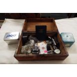 An inlaid box together with a selection of coins and watches