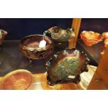 Three carnival lustre glass bowls with fruit decoration