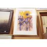 A 21stC watercolour of irises and a sunflower,