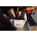 A box of assorted items to include telescope, cricket bats,