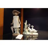 A Nao figurine of a girl with a parasol and a group of geese