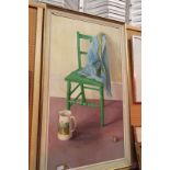 KAREN RAY large 20thC oil on canvas board still life study of a green chair with shirt,