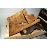 A vintage wooden ham slicer together with leather and brass saddlery