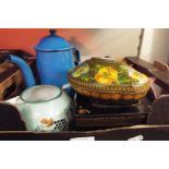 Three vintage French enamelled teapots,