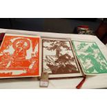 Three oriental rice paper-cut illustrations,