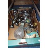 A box of mainly silver plated items and metal ware to include teapot, sauce boat,