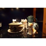 A David Sharp for Rye Pottery coffee pot, hedgehog money box, three Rye Pottery cats,