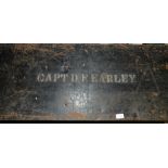 Black metal military style trunk with painted detail Capt. D. F.