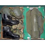 Selection of various British issue army surplus including a pair of hobnail boots, webbing,
