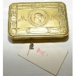 1914 chocolate tin with original Queen Mary presentation card and a ER IIV lapel badge