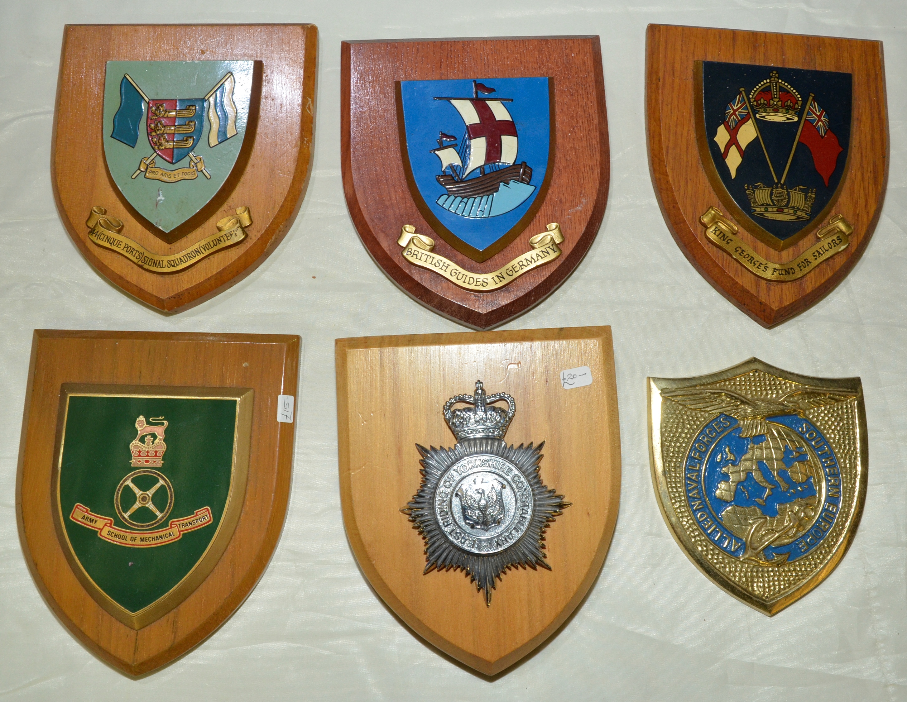 Five shields including East Riding Yorkshire Constabulary, Army School of Mechanical Transport,