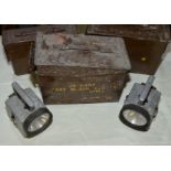 Selection of British issue metal ammunition boxes and two hand lamps