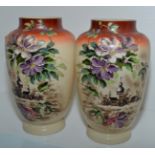 Pair of opaque glass vases with hand painted enamel decoration depicting church and flowers