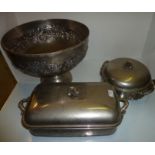 Extremely large silver plated punch bowl with embossed decoration and two silver plated lidded