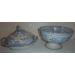 Blue & white transfer printed footed bowl and blue & white tureen and lid