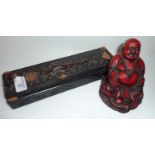 Oriental Buddha and carved wooden box with crocodile detail