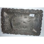 White metal heavily embossed tray with chrysanthemums and birds in flight