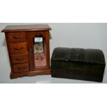 Arts & Crafts style jewellery cabinet and green leather casket
