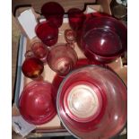 Box of assorted coloured glass including a small cranberry jug, ruby etched glass beaker,