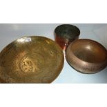 Large oriental brass charger and other brass ware including a copper pan (lacking handle) marked