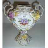 Small Dresden twin handled vase with gilt decoration & hand-painted and applied flowers