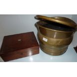 Brass coal scuttle and mahogany box with mother of pearl inlay