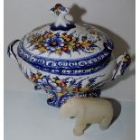 Large continental soup tureen and onyx elephant a/f