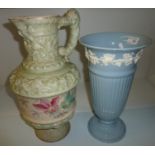 Large Wedgwood Etruria vase with sprigged decoration and large decorative jug with relief moulded