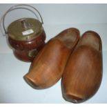 Pair of wooden clogs and oak and white metal biscuit barrel