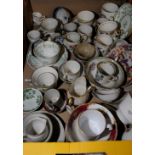 Box of decorative cups and saucers including Sunderland, Ainsley,