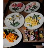 Five Capodimonte flower plates and ten miniature flowers