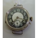 WWI period trench watch with black and white illuminous dial and secondary dial,