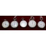 Silver fob watch in bright cut case together with four other similar fob watches (5)