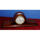 Edwardian mahogany inlaid Napoleon hat shaped mantel clock with white enamel dial,