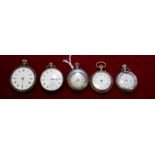 Continental silver fob watch with pin set movement together with four other similar watches (5)
