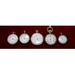Continental silver fob watch with pin set movement and four other similar watches (5)
