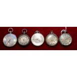 Continental silver fob watch in bright cut case together with four other similar watches (5)