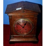 Oak case mantel clock with copper face with the striking movement marked Lenzkirch No.