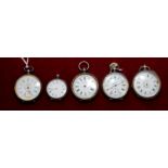 Continental silver fob watch with key wound cylinder movement and four other similar fob watches
