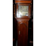 19th C brass faced long cased clock of small proportions with plain oak cased and stepped cornice